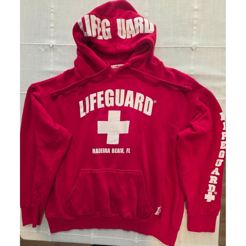 Lifeguard Hoodie Madeira Beach FL Red Pullover Sweatshirt Large